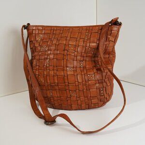 Vilenca Holland Genuine Leather Woven Studded Cognac Crossbody Purse
